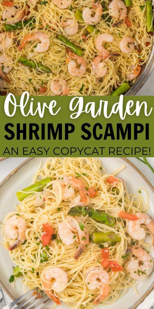 This Olive Garden Chicken Scampi copycat with creamy garlic white wine sauce is served with asparagus, onion and fresh tomato.  This easy copycat shrimp scampi recipe is ready in only 20 minutes and tastes just like the one from the restaurant.  Everyone loves this easy pasta dish.  #eatingonadime #pastarecipes #shrimprecipes #copycatrecipes 
