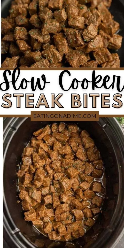 Dinner is a breeze when you make this easy Crock Pot Steak Bites Recipe. The entire family will love keto steak bites. Each bite is tender and delicious! This is one of the easiest recipes for dinner. Plus this is an easy crock pot meal. #eatingonadime #crockpotrecipes #slowcookerrecipes #steakrecipes