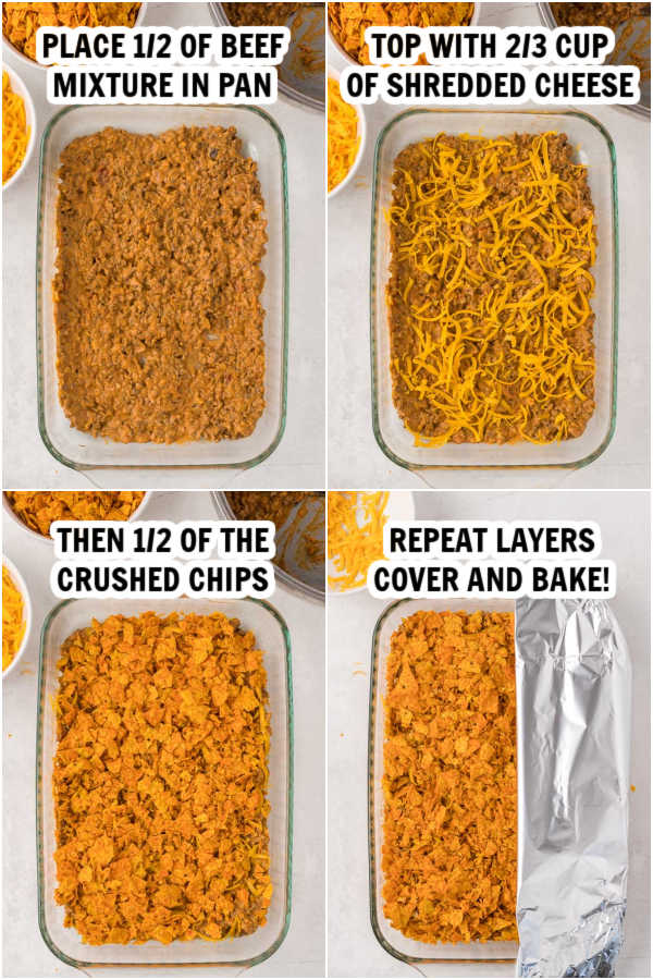 The process of layering the casserole in a baking dish. 