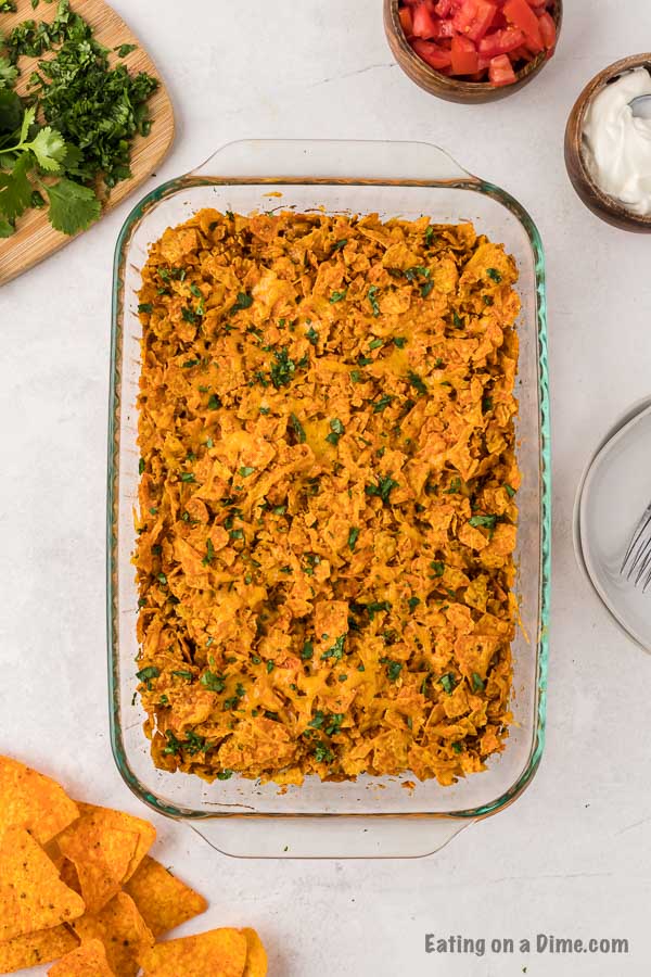 Close up image of doritos casserole in a baking dish. 