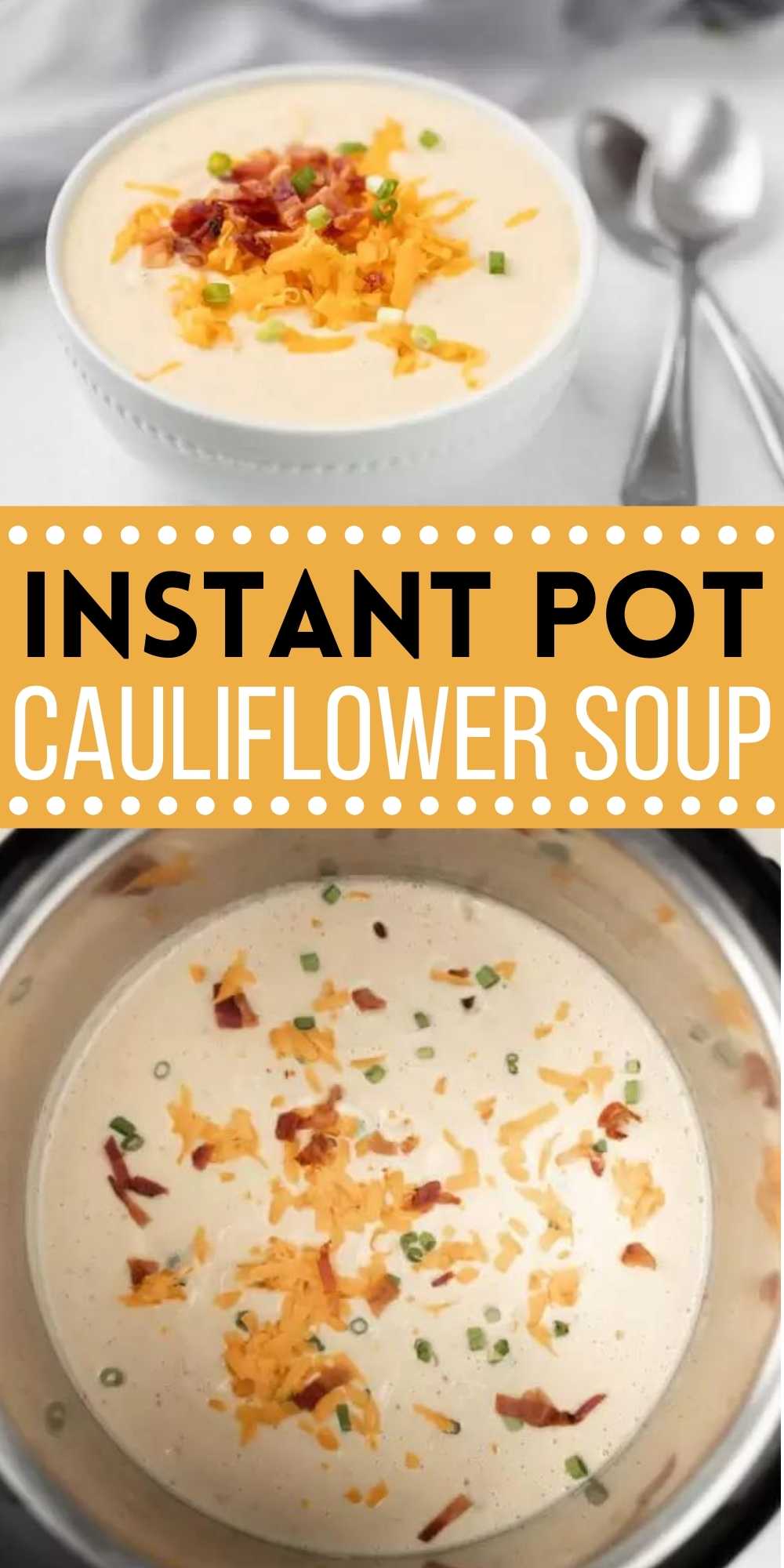 Instant Pot Cauliflower Soup Recipe is creamy and delicious plus keto friendly. Enjoy a warm bowl of soup that tastes like comfort food without guilt. You will love this healthy pressure cooker cauliflower soup recipe.  #eatingonadime #instantpotrecipes #souprecipes #ketorecipes 
