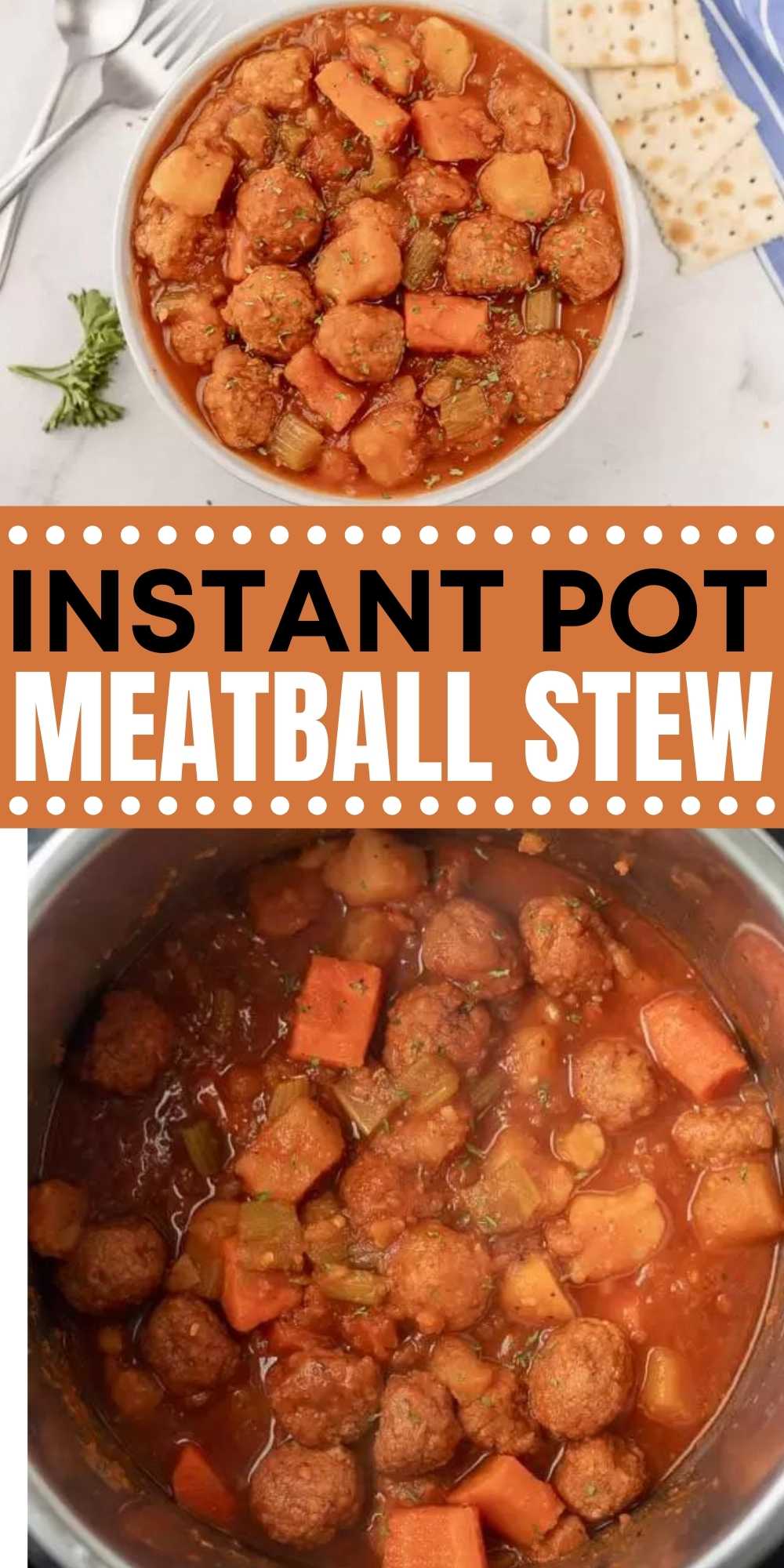 Instant Pot Meatball Stew Recipe is simple and delicious. Ready in just minutes, Meatball Stew Instant Pot Recipe is the perfect weeknight dinner idea. You will love this easy instant pot soup recipe that can be made in no time at all in an electric pressure cooker.  #eatingonadime #souprecipes #meatballrecipes #instantpotrecipes 

