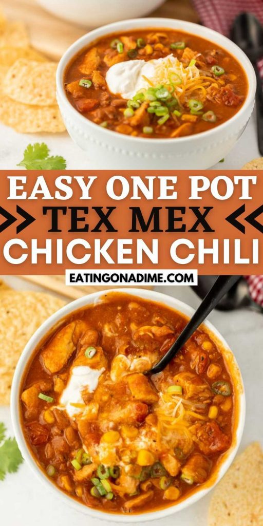 One Pot Tex Mex Chicken Chili Recipe is a one pot meal that makes dinner a breeze. If you love classic chili, your family will love this Tex Mex twist. This is one of the best chicken chili recipes.  #eatingonadime #chickenchili #chilirecipes #onepotrecipes #texmexrecipes