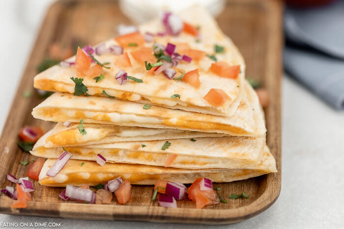 Cheese quesadilla cut into slices. 