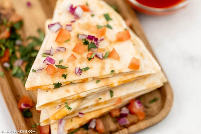 Cheese quesadilla cut into slices. 