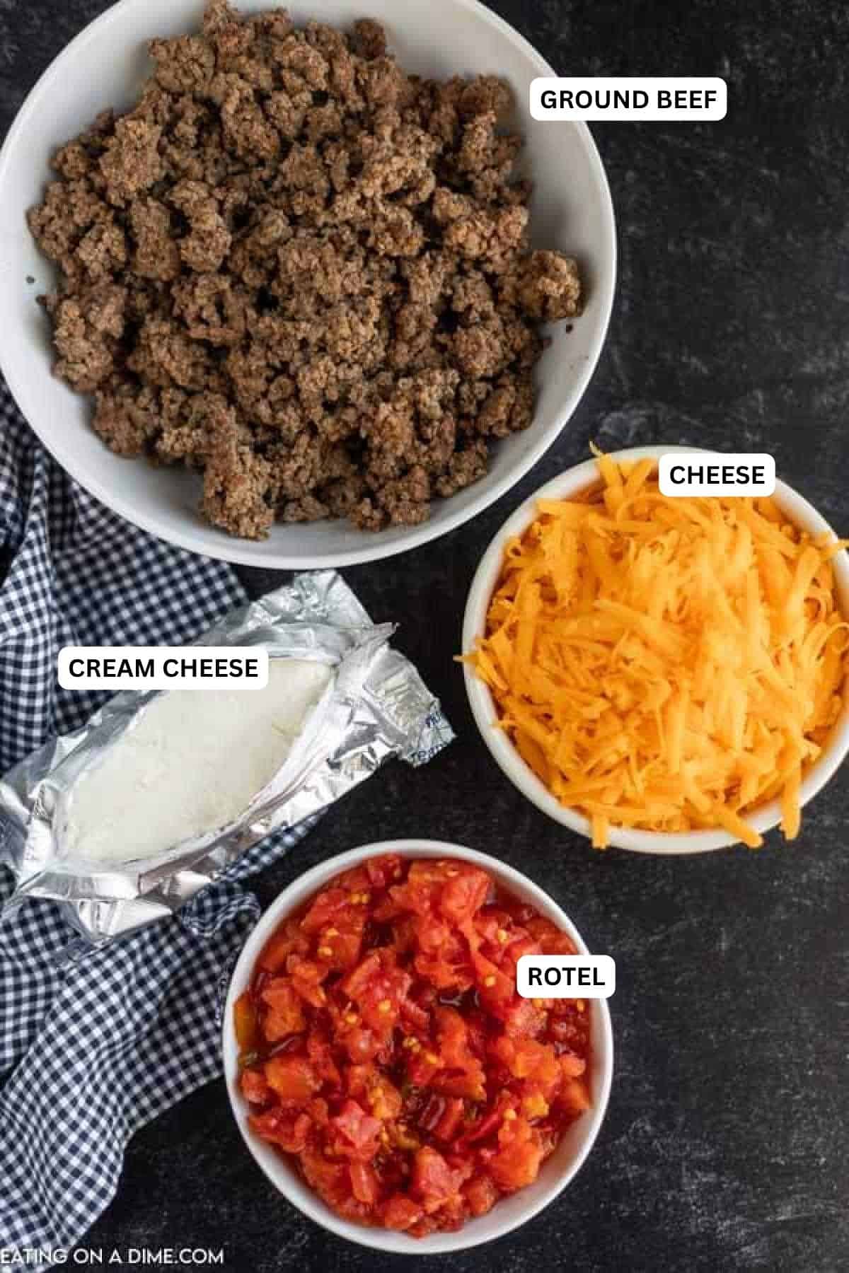 Ingredients for recipe: rotel, cream cheese, cheese and ground beef.