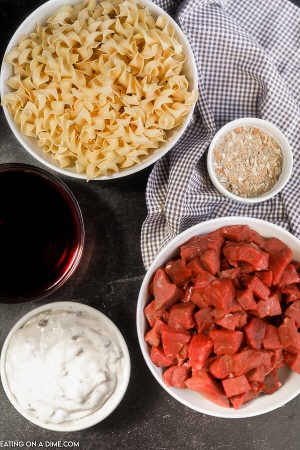 Ingredients - Stew Meat, Onion Soup Mix, Cream of Mushroom Soup, Red Cooking Wine, Beef Broth, Corn Starch and Cold Water and Egg Noodles. 