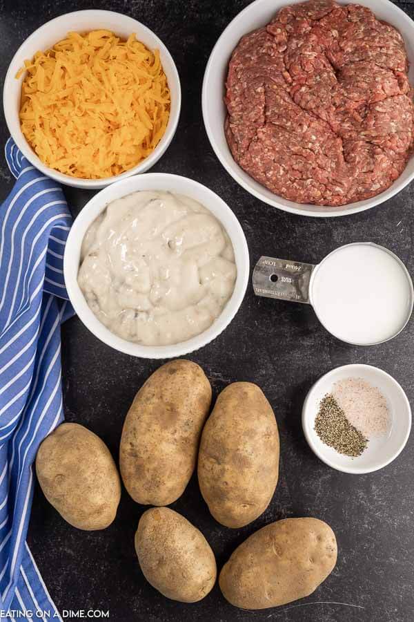 Ingredients needed for hamburger potato casserole - Potatoes, beef, cream of mushroom soup, milk salt and pepper cheese