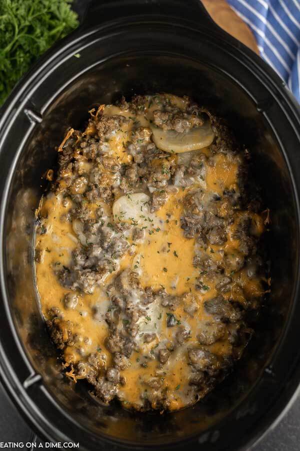 Close up image of crock pot hamburger potato casserole 