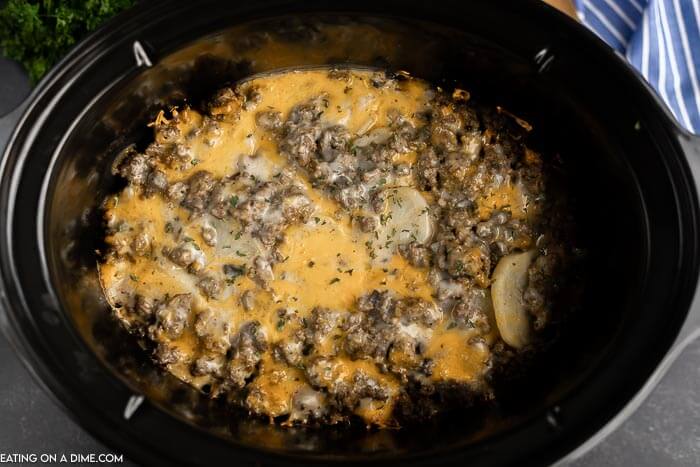 Close up image of crock pot hamburger potato casserole. 
