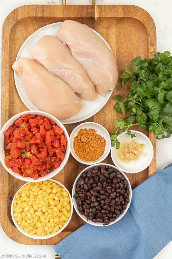 Ingredients needed - chicken, green chilies and diced tomatoes, black beans, corn, cilantro, minced garlic, taco seasoning, salt and pepper. 