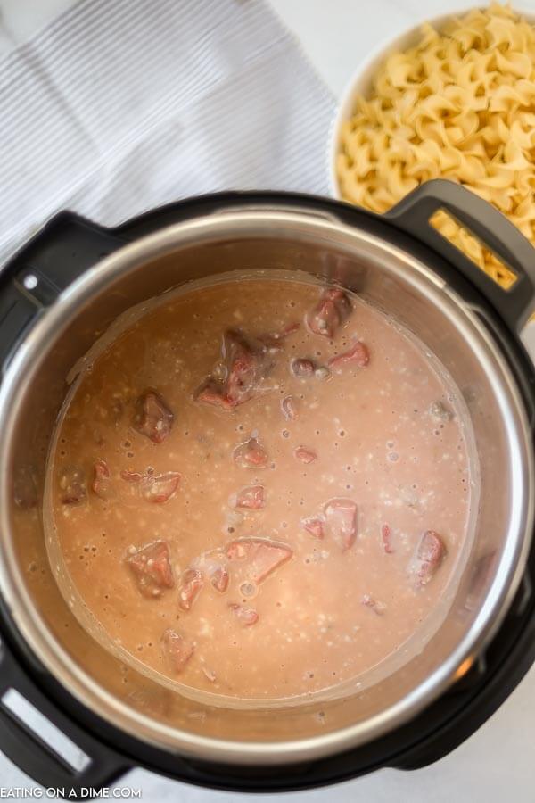 Close up image of beef burgundy in the instant pot