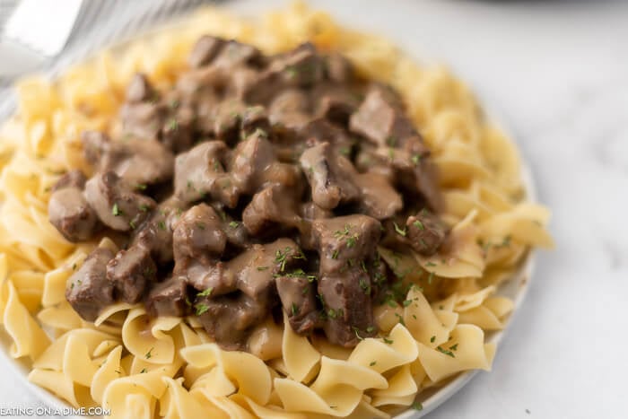 Close up image of Beef Burgundy over noodles 