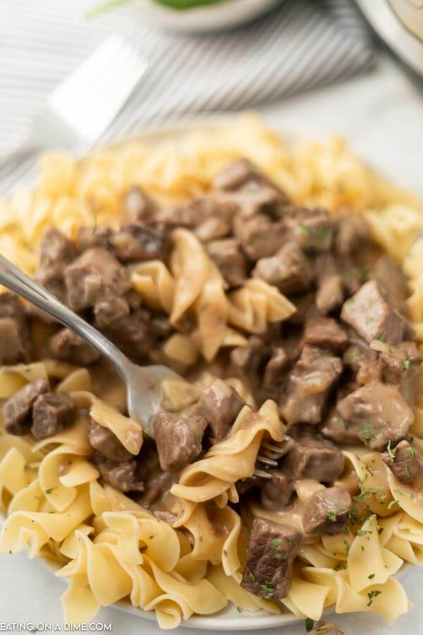 Close up image of Beef Burgundy over noodles with a serving on a fork