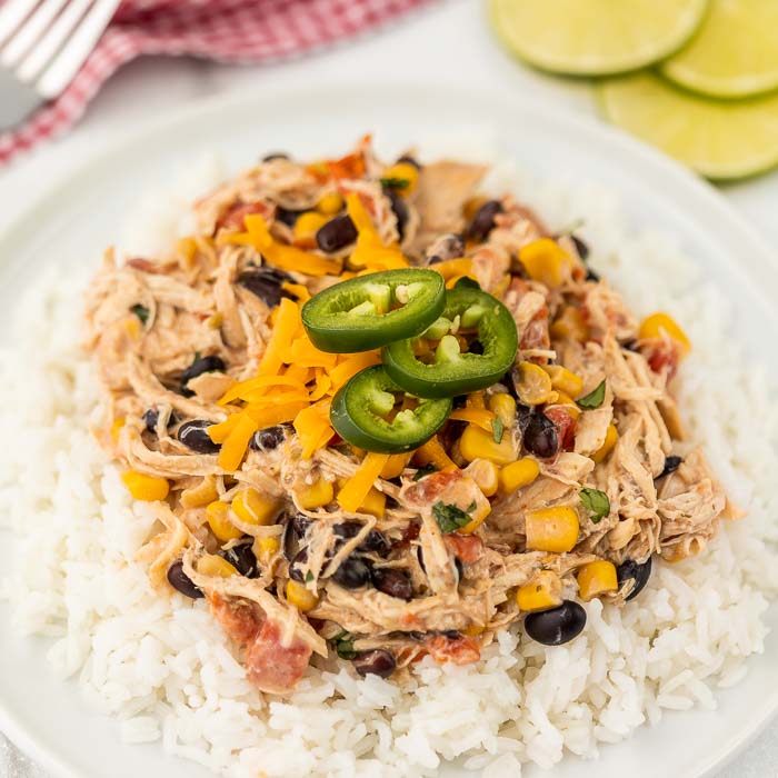 Close up image of fiesta lime chicken on a rice on a white plate. 