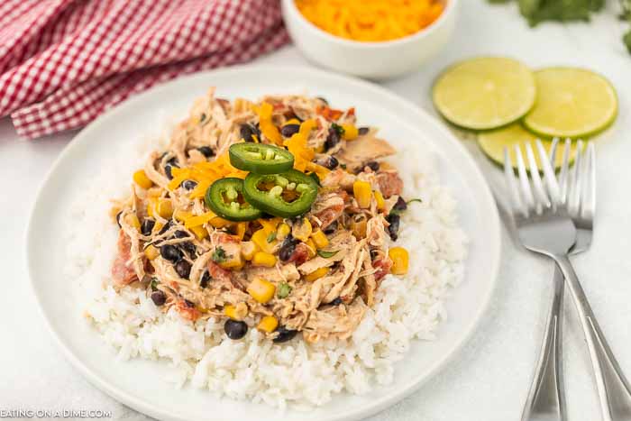 Close up image of fiesta lime chicken on a plate with rice. 