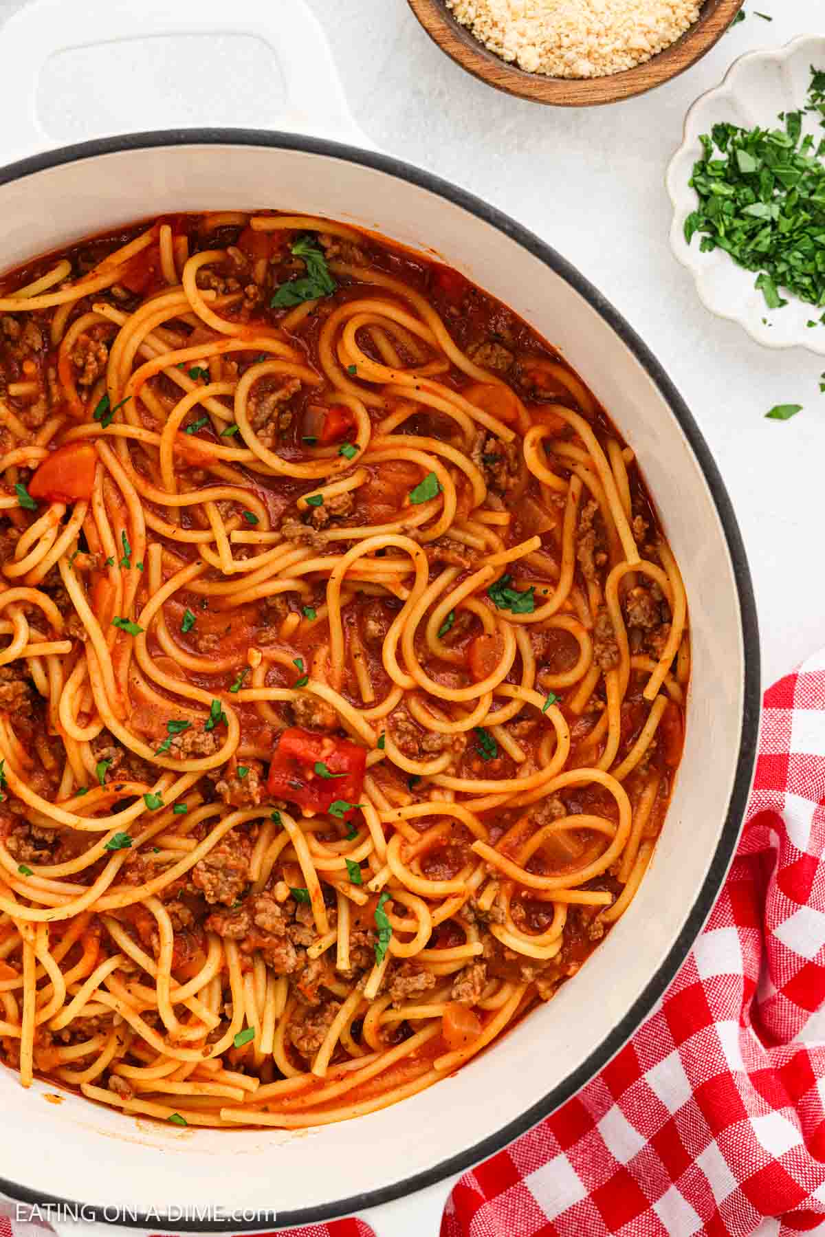 Spaghetti and meat sauce in a large pot.
