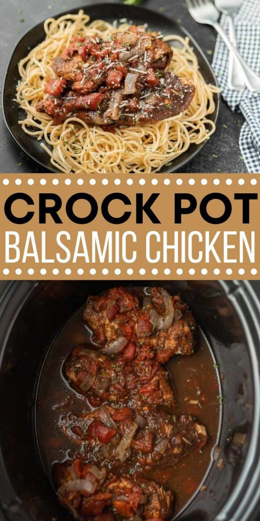 Balsamic Chicken crock pot recipe is easy to make. Top on Spaghetti for the best slow cooker balsamic chicken recipe. You will love this slow cooker balsamic chicken breasts recipe that is easy to make too.  #eatingonadime #crockpotrecipes #slowcookerrecipes #chickenrecipes 
