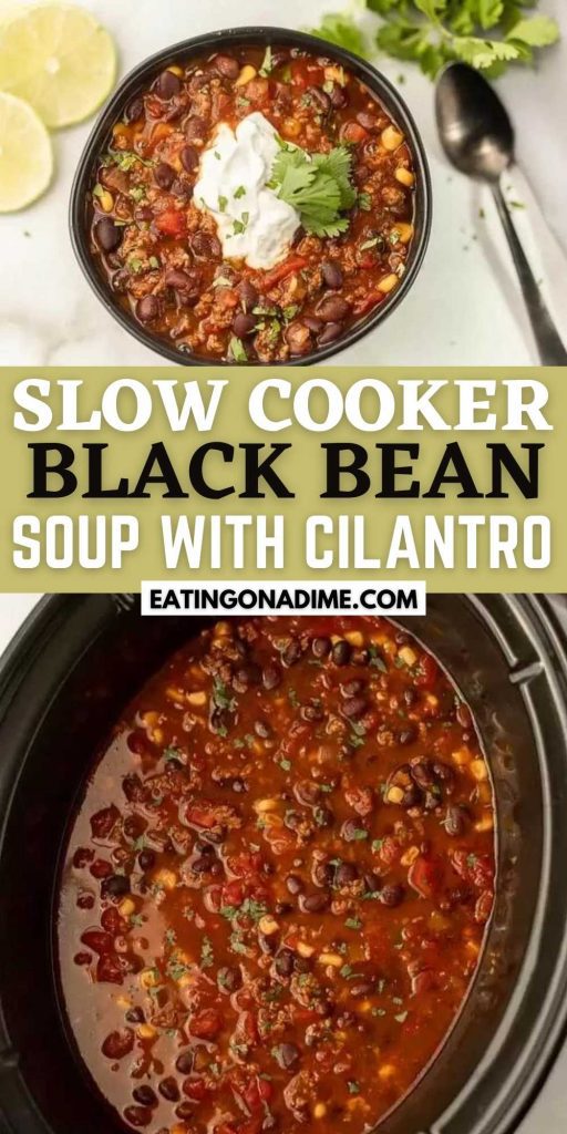 The slow cooker does all the work for this delicious crockpot black bean soup with cilantro. This hearty soup is perfect for a cold day. You will love this easy crock pot soup recipe that is easy to make and packed with flavor too.  #eatingonadime #crockpotrecipes #slowcookerrecipes #souprecipes 
