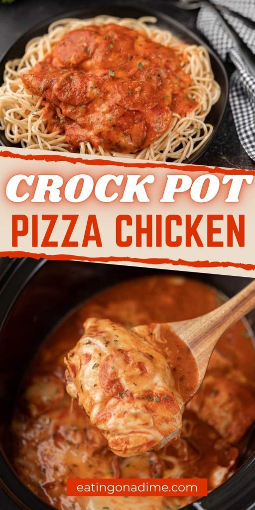 Try this easy Crockpot Pizza Chicken recipe that everyone will love. Even picky eaters will love Crockpot Pizza Chicken Recipe. It's loaded with toppings! This Slow Cooker Pizza Chicken is easy to make with just a few ingredients and is a family friendly recipe too. #eatingonadime #crockpotrecipes #slowcookerrecipes #chickenrecipes #pizzarecipes 
