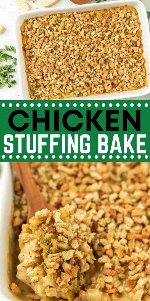 This delicious chicken stuffing bake is the perfect meal for busy weeknights. With only a few ingredients, this creamy dish is quick and easy. This is an easy casserole recipe with stove top stuffing mix is simple to make and the entire family will love it.  #eatingonadime #casserolerecipes #chickenrecipes #familydinners 
