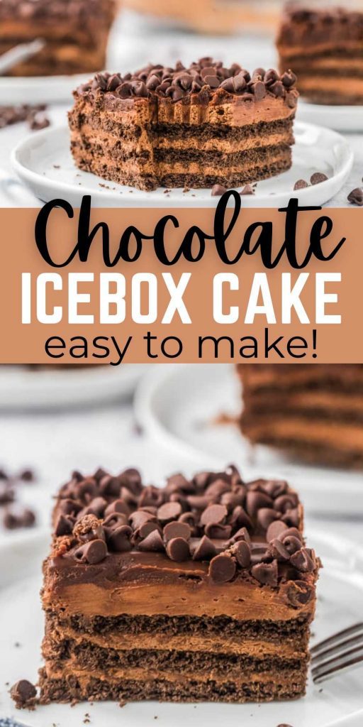You are going to love this simple no bake chocolate icebox cake recipe.  This chocolate ice box cake with graham crackers is easy to make and tastes amazing too.  This is one of my favorite no bake dessert recipes.  Everyone loves this chocolate ice box cake recipe! #eatingonadime #nobakedesserts #chocolatedesserts #iceboxcakerecipes 
