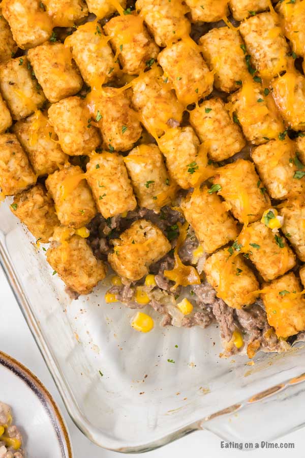 Close up image image of cowboy casserole in a baking dish. 