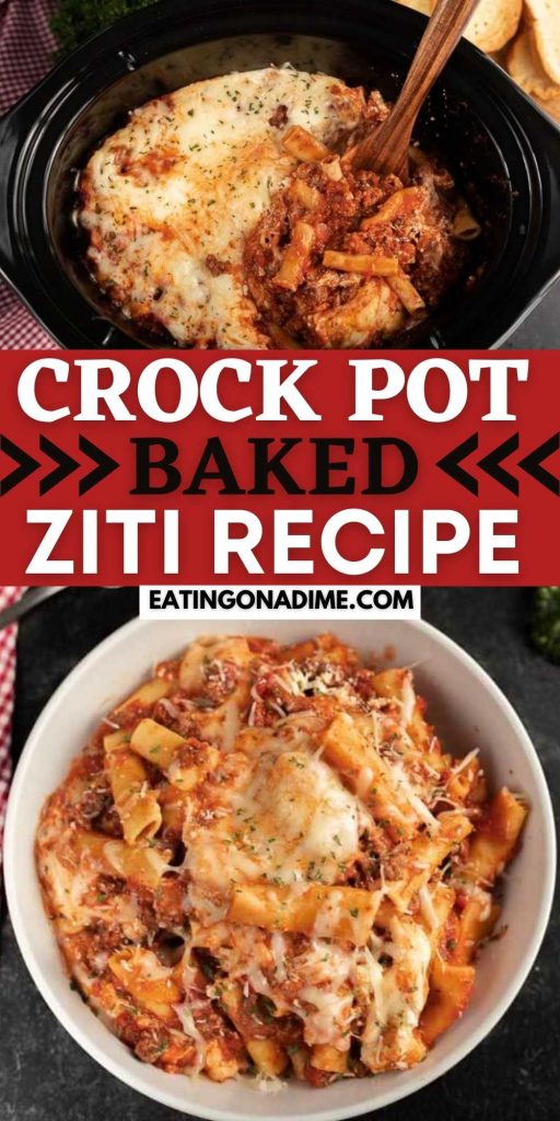 Slow cooker baked ziti recipe is a cheesy and delicious one pot meal perfect for busy nights. Enjoy a great meal with very little work. You are going to love this slow cooker baked zit with ground beef recipe.  This is the best comfort food.  #eatingonadime #crockpotrecipes #slowcookerrecipes #beefrecipes #pastarecipes 
