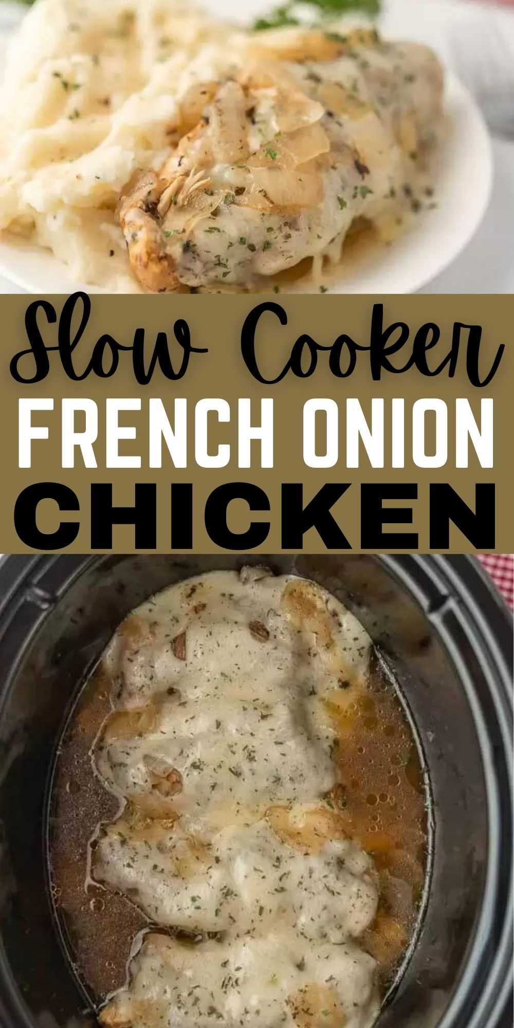 If you love french onion soup, Crock Pot French Onion Chicken Recipe is a must try. French Onion Chicken is tender and delicious. Plus, so easy! #eatingonadime #crockpotrecipes #slowcookerrecipes #chickenrecipes 
