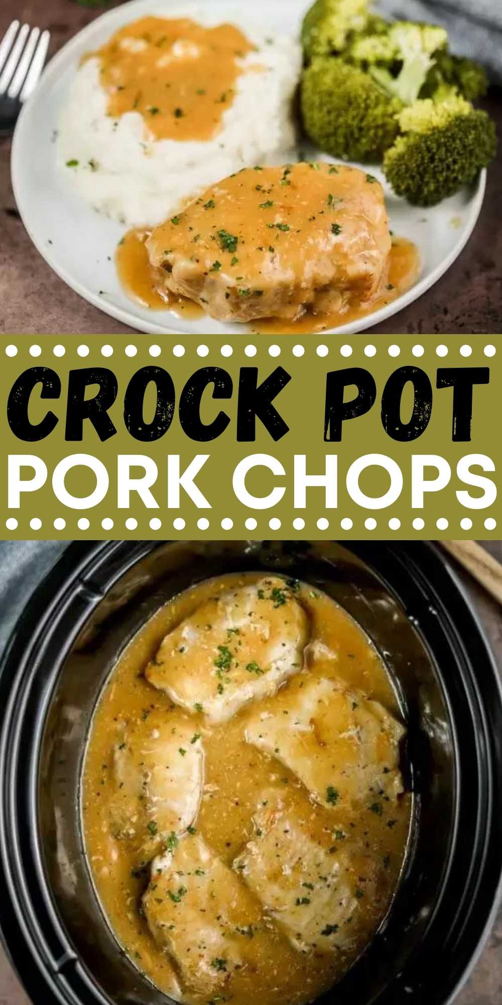 Crock pot pork chops and gravy recipe is a frugal and tasty weeknight meal. The pork is so tender and really easy to make. The sauce is amazing. The entire family will love this slow cooker pork chops with gravy recipe. #eatingonadime #crockpotrecipes #slowcookerrecipes #porkrecipes 
