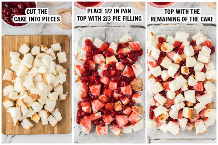 The process of chopping the angel food and topping with cherry pie filling