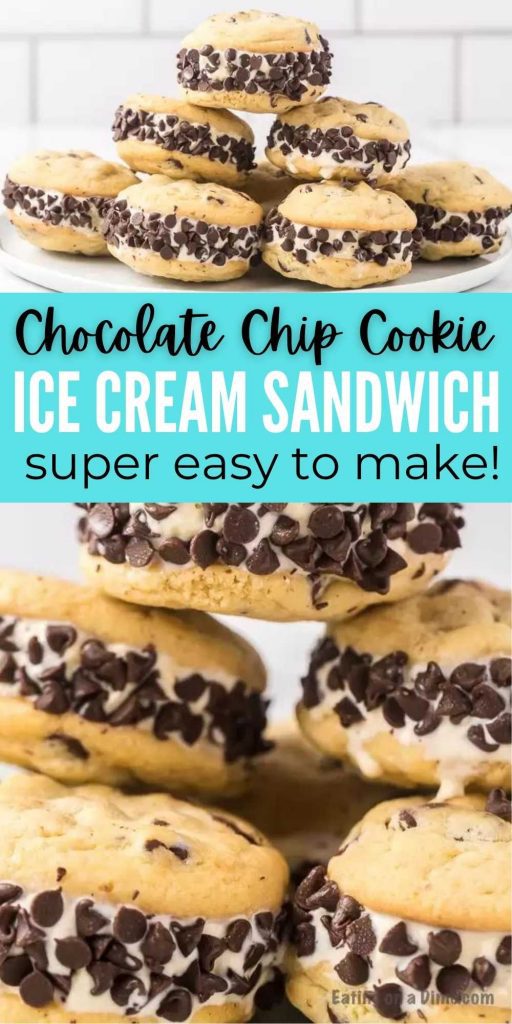 You are going to love this yummy Chocolate Chip Cookie Ice Cream Sandwich Recipe. You will be shocked how easy they are to make! You are going to love these easy homemade chocolate chip cookie ice cream sandwich recipe.  #eatingonadime #icecreamrecipes #cookierecipes #dessertrecipes 
