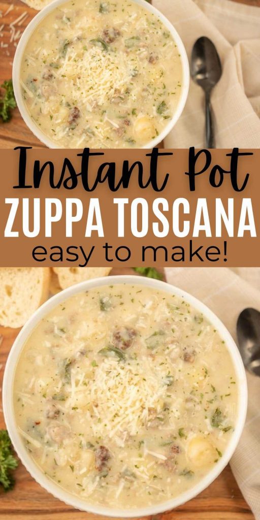 Instant Pot Zuppa Toscana is a hearty soup full of Italian sausage, kale and more. The savory broth is flavorful and easy to make. Enjoy Olive Garden’s Zuppa Toscana soup at home with this easy Instant Pot soup recipe.  #eatingonadime #souprecipes #instantpotrecipes #copycatrecipes 
