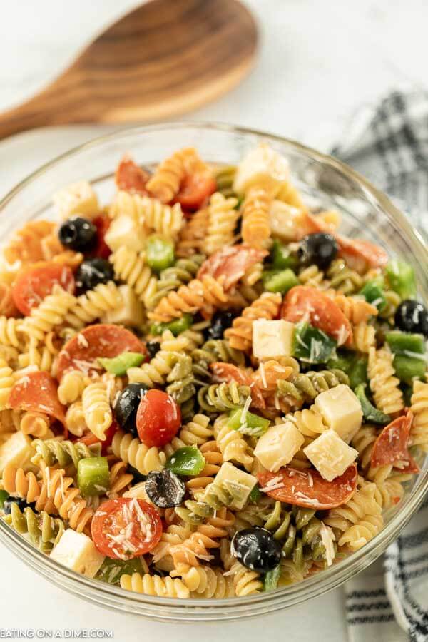 Close up image of Italian Pasta Salad in a clear bowl