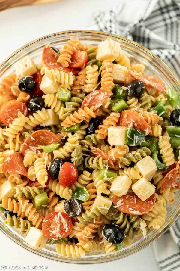 Close up image of Italian Pasta Salad in a clear bowl.