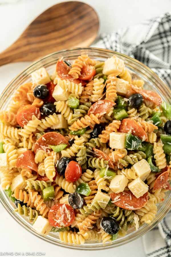 Close up image of Italian Pasta Salad in a clear bowl.