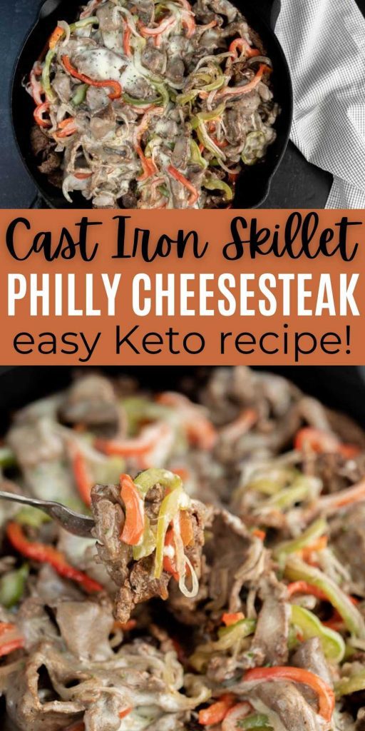 Keto Philly Cheese Steak Skillet dinner is loaded with tender beef, onion and bell peppers. Low carb philly cheese steak recipe is so easy to make in a skillet. You’ll love this low carb philly cheese steak recipe.  #eatingonadime #ketorecipes #lowcarbrecipes #beefrecipes 
