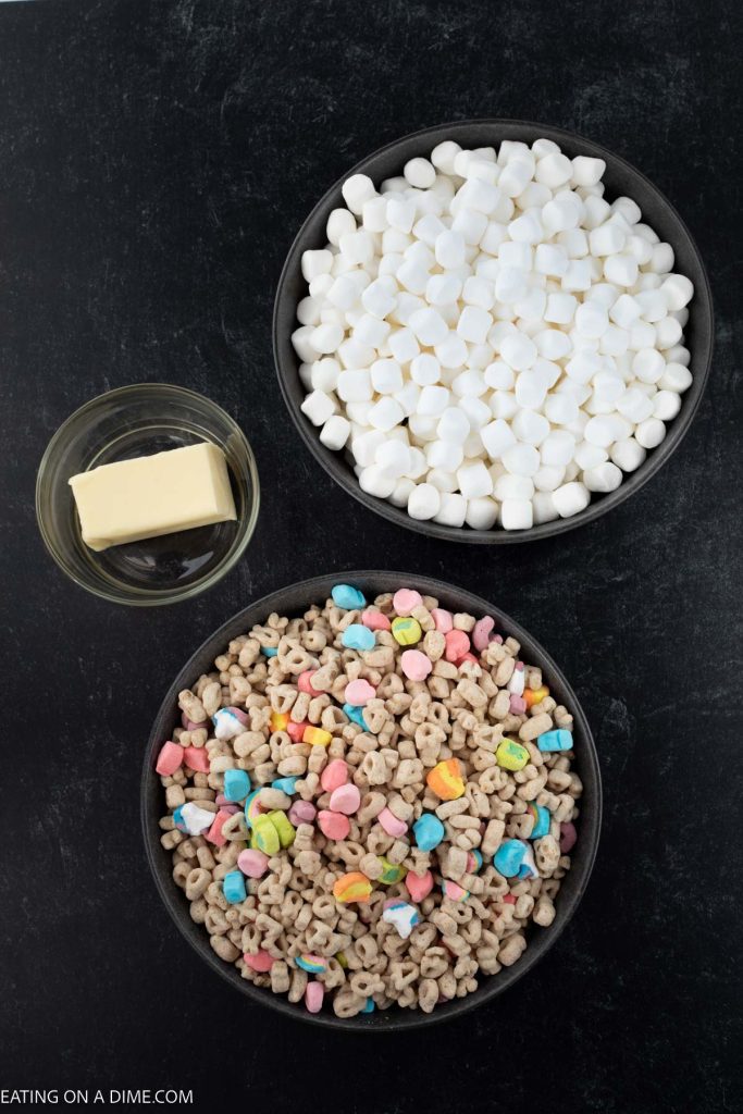 Ingredients to make this recipe - Lucky Charm Cereal, Marshmallows and butter 