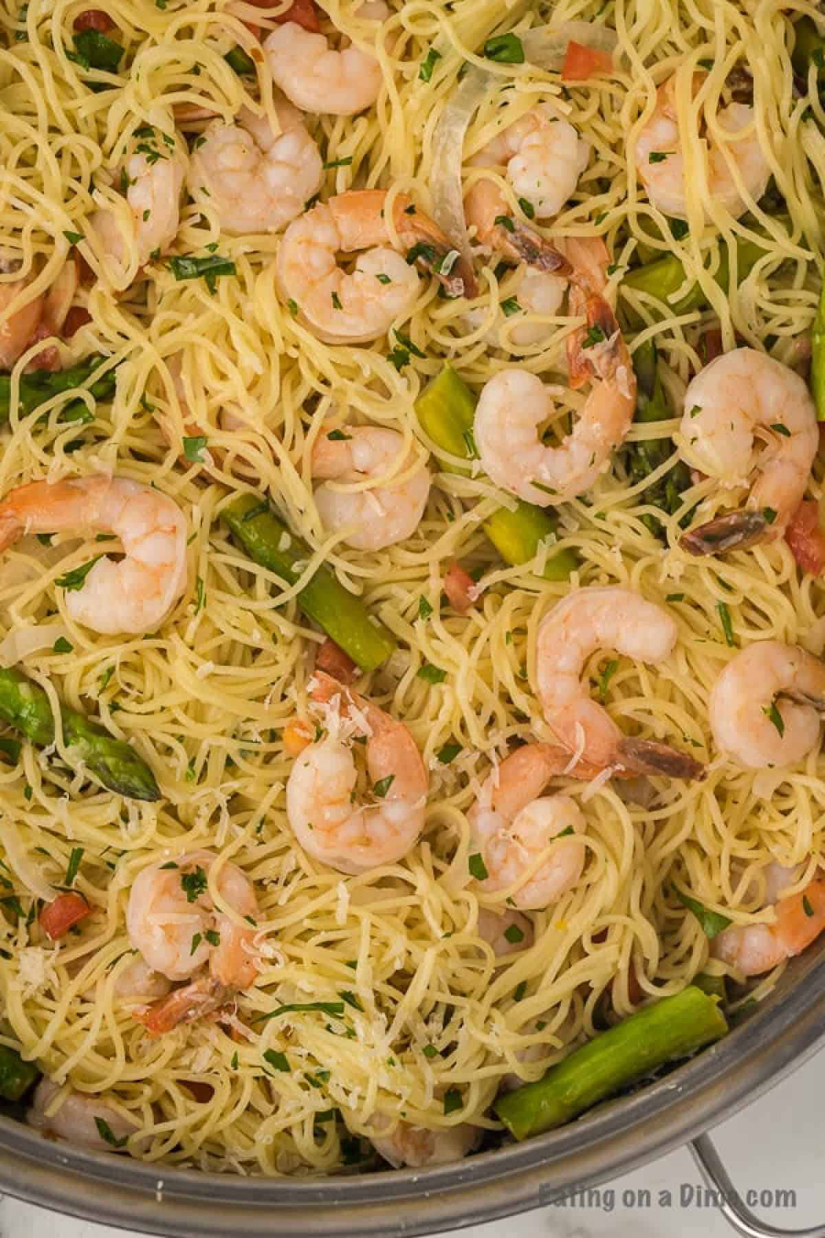 Skillet of shrimp scampi. 