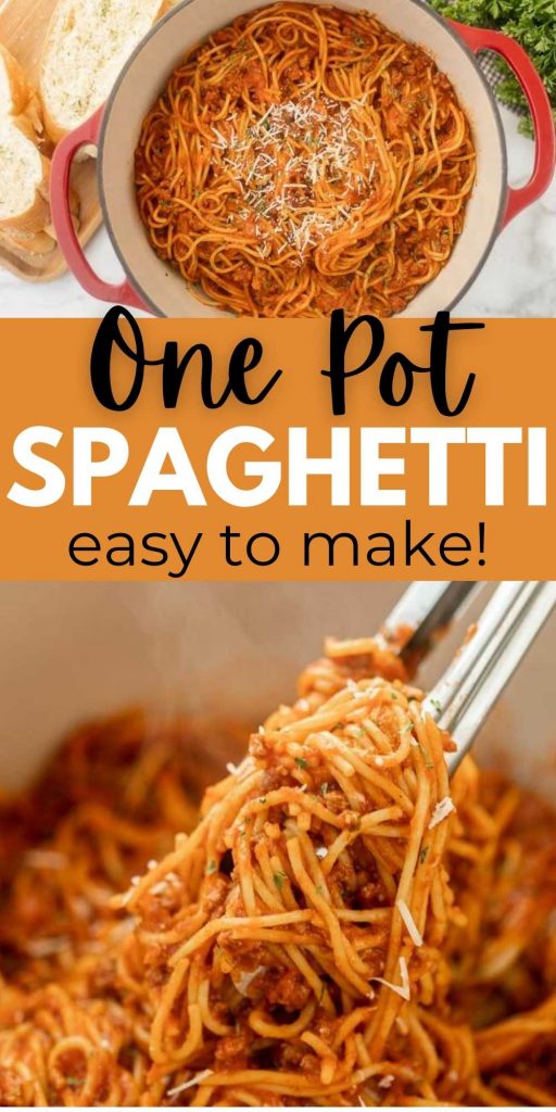 One Pot Spaghetti recipe is a delicious recipe. One pot recipes are so simple and easy to make, also budget friendly and east to clean up. You will love this simple one pot spaghetti recipe for busy weeknights. #eatingonadime #onepotrecipes #spaghettirecipes #pastarecipes 
