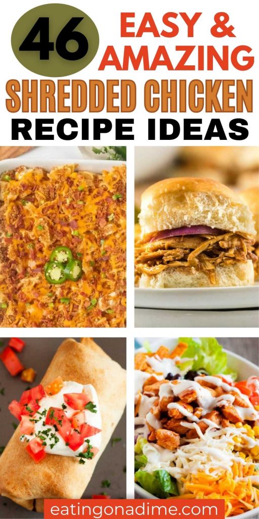 Here are 46 ways to use that leftover chicken or rotisserie chicken with these easy shredded chicken recipes. Check out these amazing ideas for dinners, quick lunches, appetizers, and more! #eatingonadime #chickenrecipes #shreddedchicken #easychickenrecipes #chicken
