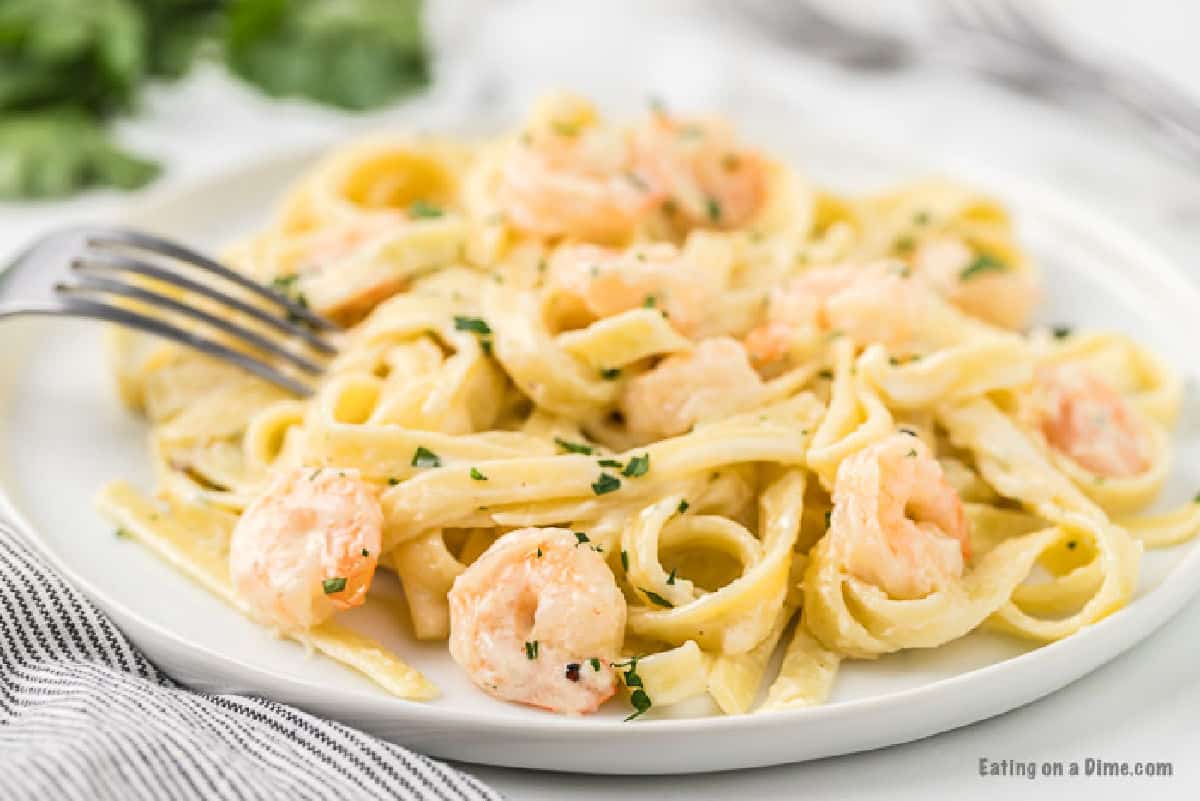 Easy Shrimp Alfredo Recipe comes together in minutes for an amazing meal. Alfredo does not have to be complicated and this is much better than store bought. Shrimp alfredo on a plate topped with fresh parsley.