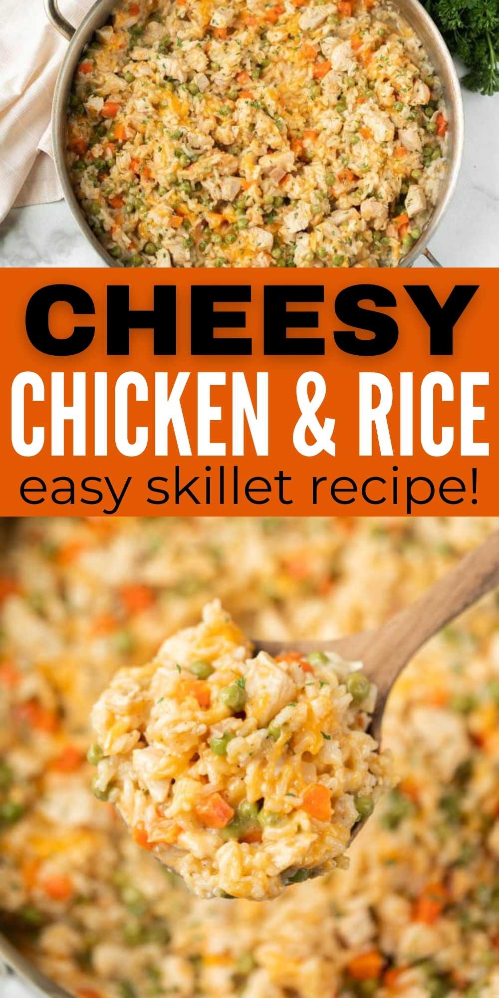 Skillet cheesy chicken and rice is an easy one skillet meal that takes less than 30 minutes to make.  This skillet cheesy chicken and veggie rice is super easy to make and delicious too. This is the perfect weeknight meal that the entire family will love. #eatingonadime #skilletrecipes #chickenrecipes #oneskilletrecipes 
