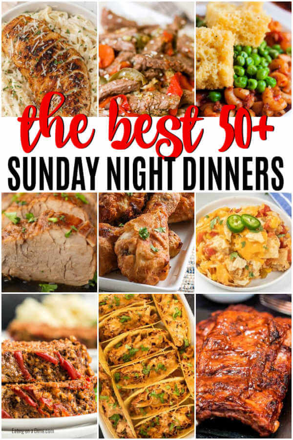 57 Sunday dinner ideas to give you inspiration for tasty and easy meals that your entire family will love. Gather the family and bring back Sunday dinner with these meal ideas that include healthy recipes and comfort foods too. #eatingonadime #familydinners #sundaydinners #easydinners 
