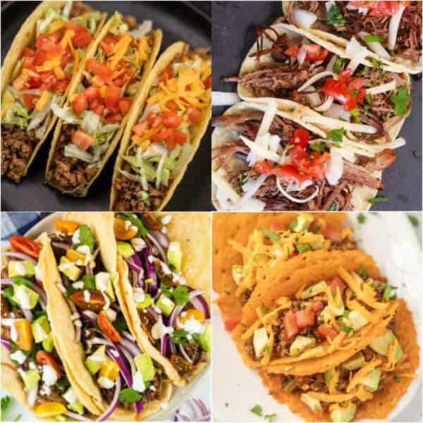 A collage of four images showcases Taco Tuesday Ideas: hard shell tacos with ground beef, lettuce, tomato, and cheese; soft tacos with shredded meat, onions, and tomato; veggie-filled tacos; and hard tacos topped with cheese and avocado.