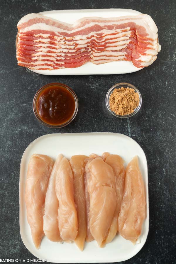 Ingredients for recipe: bacon, chicken tenders, brown sugar, BBQ sauce. 