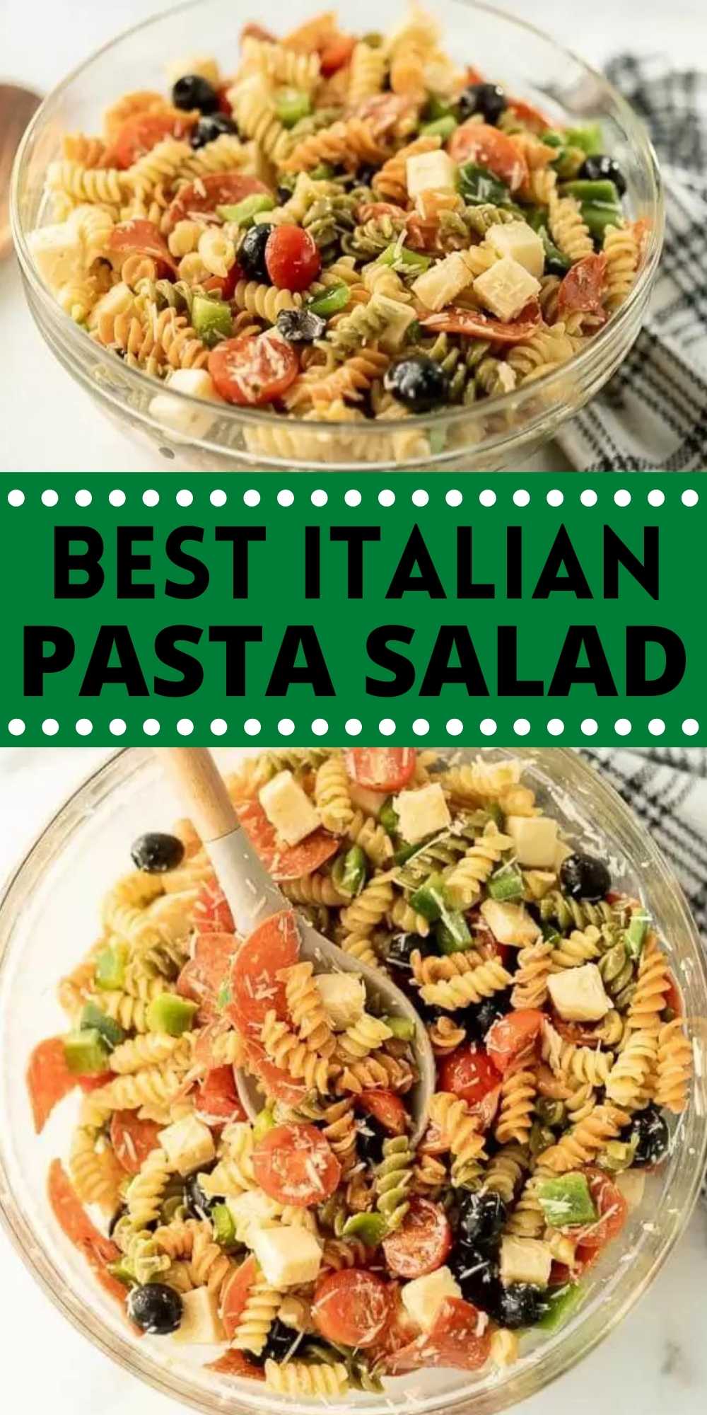 Italian pasta salad recipe is loaded with olives, tomatoes, cheese and more! Easy Italian pasta salad has the best flavor and will be a hit. Pasta salad with Italian dressing is the perfect side dish.Bring this Easy pasta salad recipe to parties, BBQ's and more! Cold pasta salad with Italian dressing is so easy. #eatingonadime #pastasalads #pastasaladrecipes #sidedishes #sidedishrecipes 
