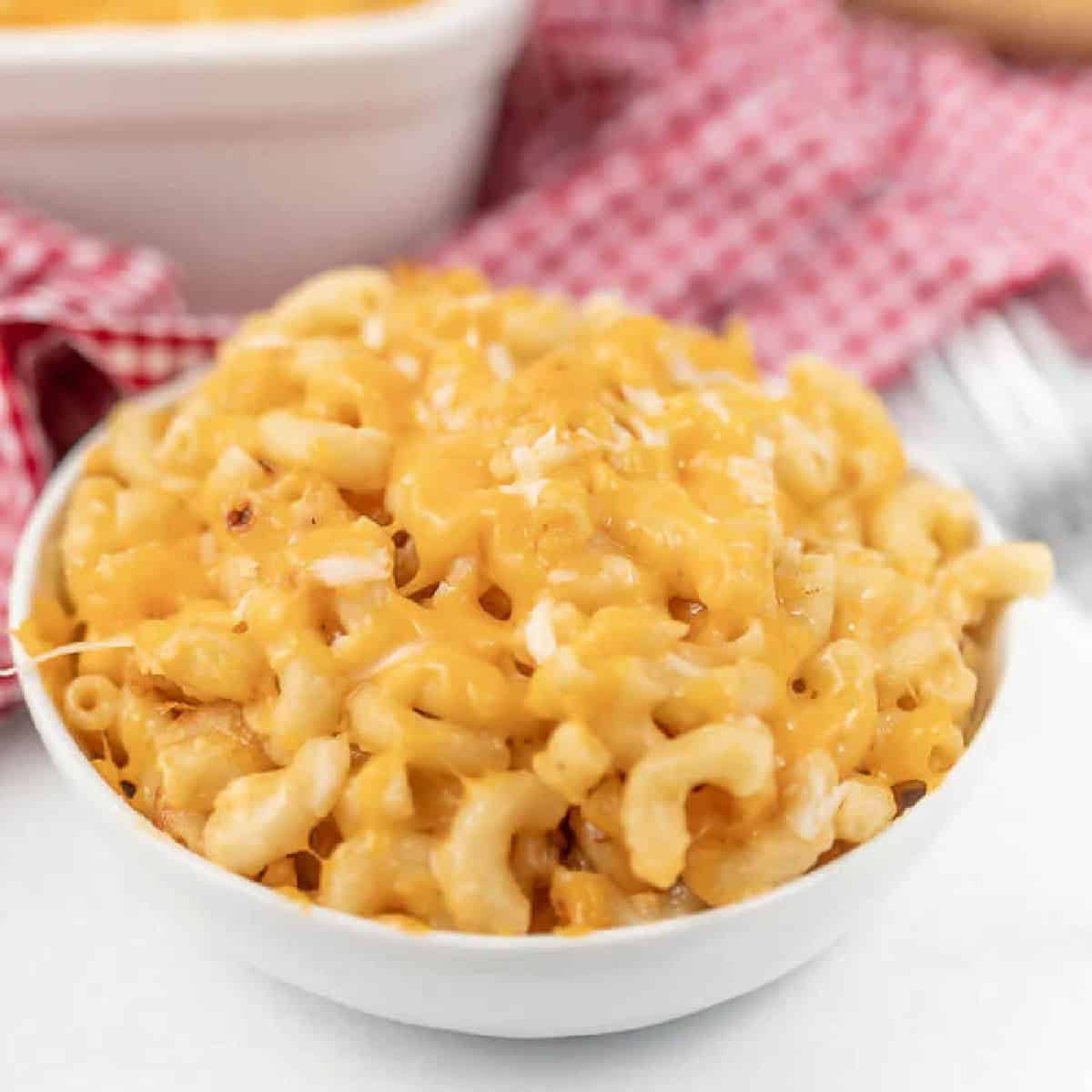 Close up image of a bowl of mac and cheese. 