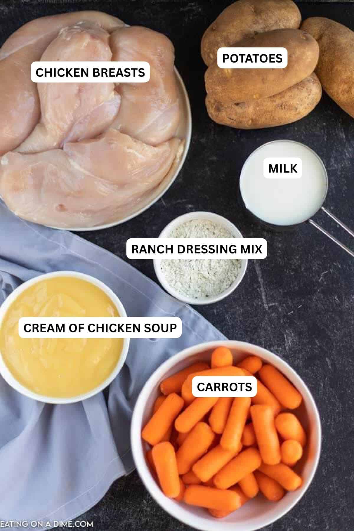 This Ranch Chicken Recipe is so creamy and delicious. Packed with lots of ranch flavor and hearty chicken, Crock Pot Creamy Ranch Chicken Recipe is amazing. Ingredients for recipe: chicken breasts, potatoes, milk, ranch dressing mix, cream of chicken soup, carrots.
