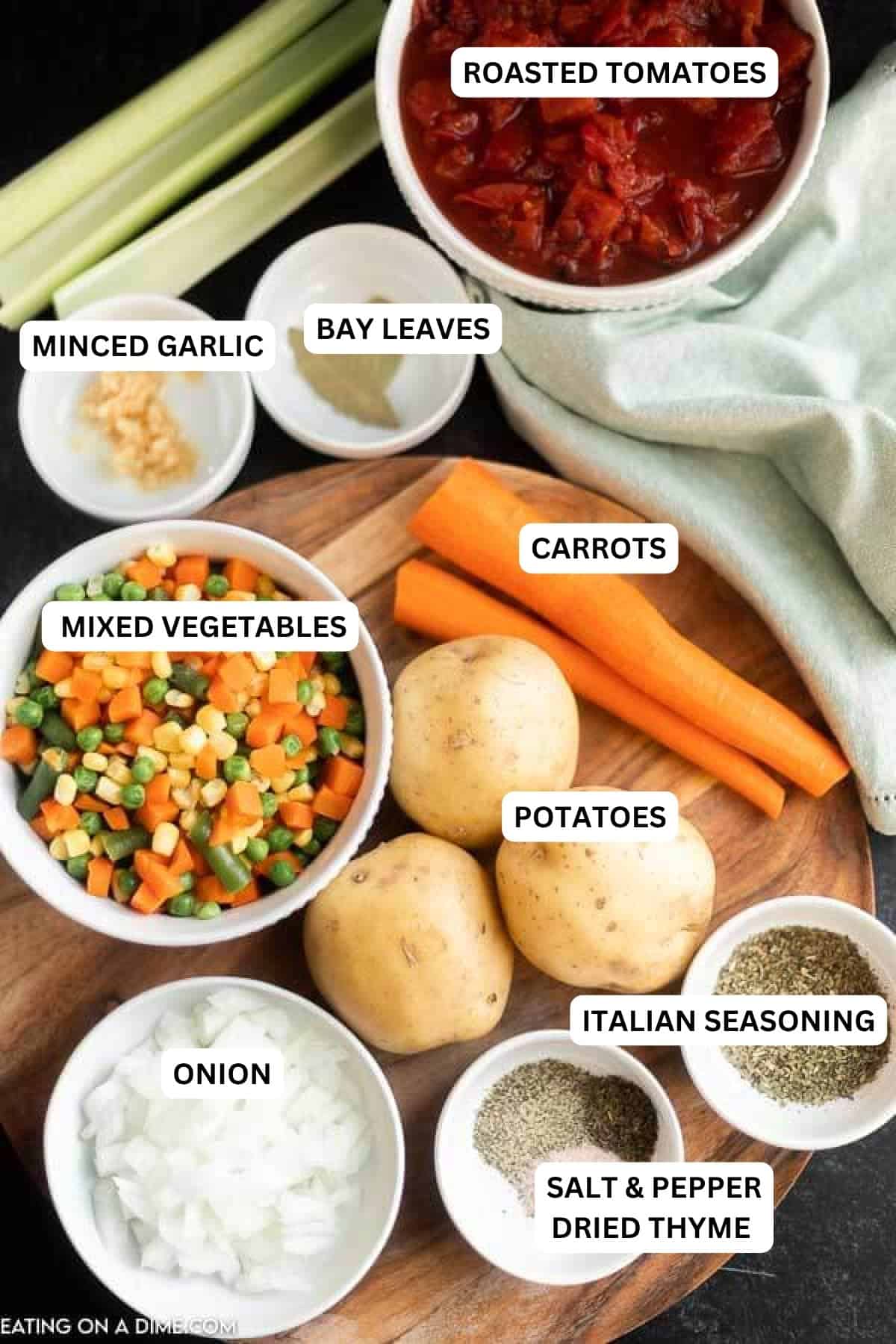 With little effort, your family can enjoy Slow Cooker Vegetable Soup Recipe. Toss everything into the crockpot for a hearty soup that is packed with flavor. Ingredients for recipe: toasted tomatoes, bay leaves, minced garlic, mixed vegetables, carrots, potatoes, Italian seasoning, onion, salt and pepper and dried thyme.